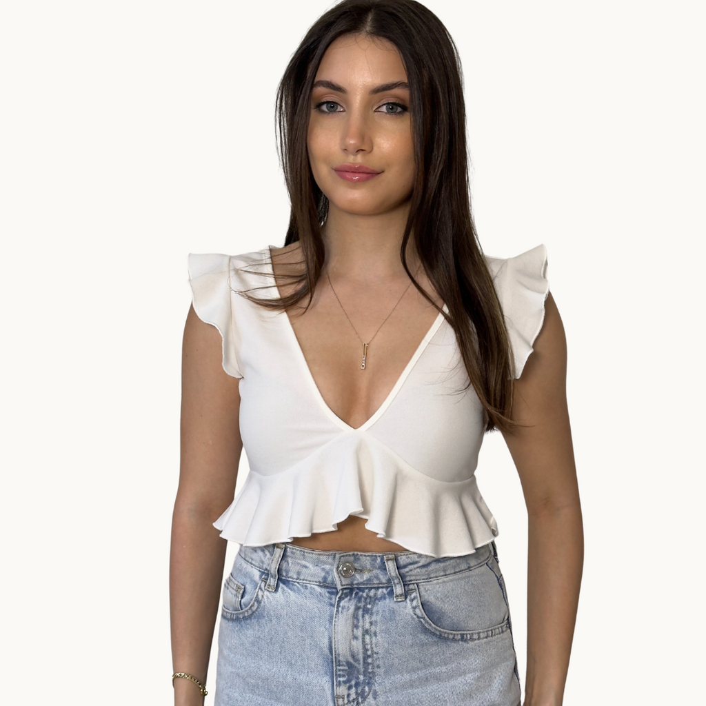 V Neck White Crop Top - MyKady