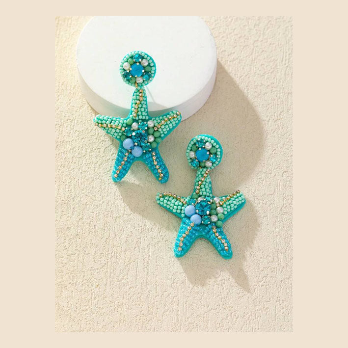 1pair Heavy Sea Star Shaped Faux Pearl & Rhinestone Decor Earrings Blue - MyKady
