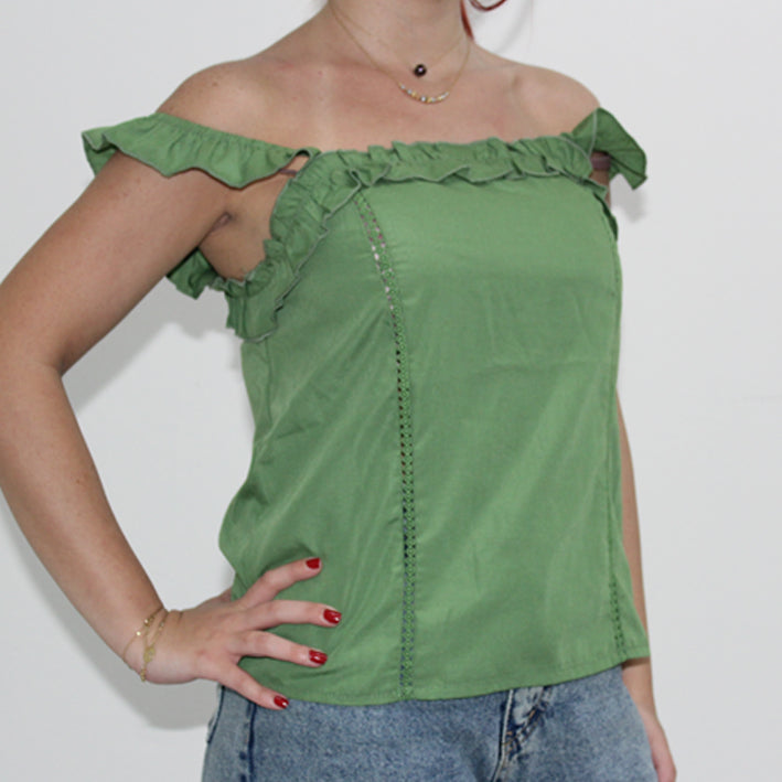 Green Square Neck Ruffle Trim Top XS - MyKady